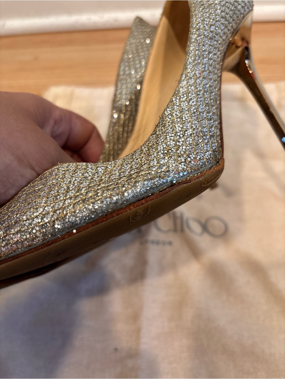 Jimmy Choo 100mm Abel Glitter Pointed Toe Pumps Heels Gold/Silver Champagne sz38 - Picture 13 of 13